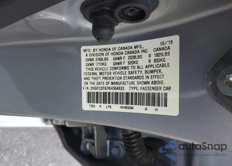 2019 Honda Civic Lx из США, поврежденный, VIN 2HGFC2F67KH564933